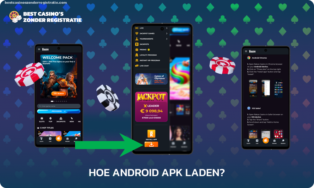 Om de Rakoo-app op Android te downloaden en te installeren, downloadt u het APK-bestand van de officiële casinowebsite, bevestigt u vervolgens de installatie en start u de applicatie