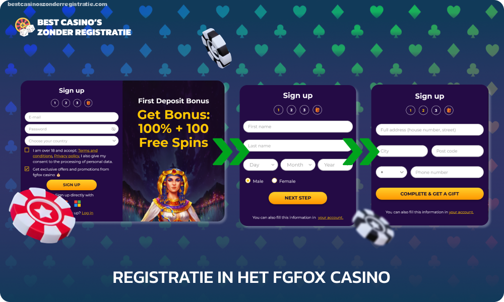 Om u bij FGFox Casino op de website en in de mobiele applicatie te registreren, moet u een formulier invullen met uw e-mailadres, wachtwoord en land waar u woont, uw leeftijd bevestigen en akkoord gaan met de algemene voorwaarden