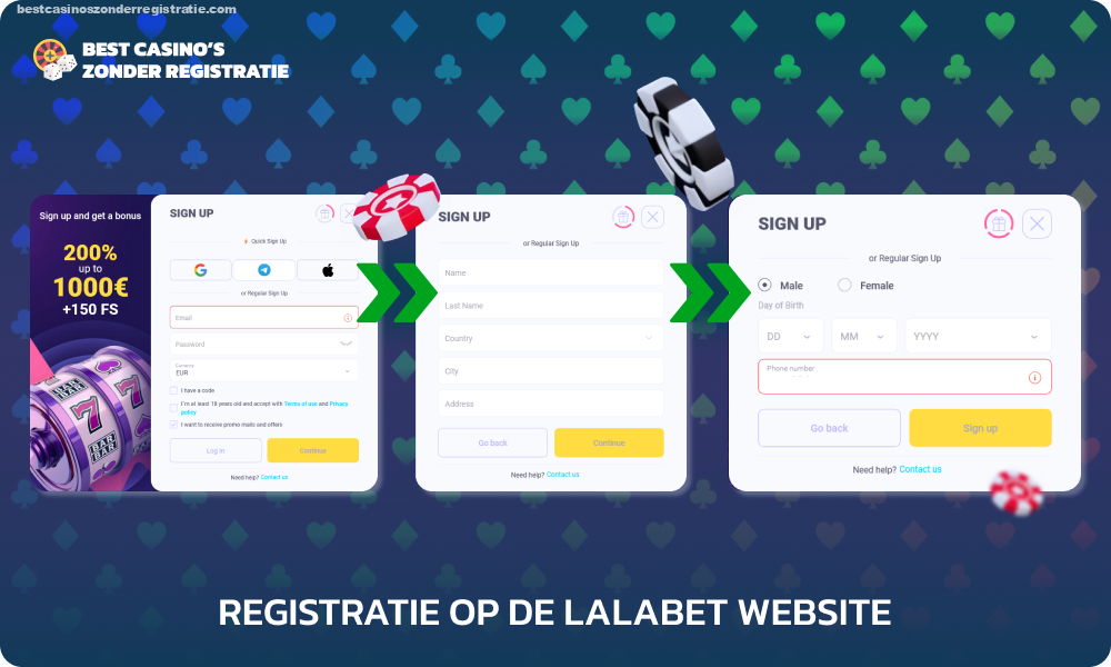 Om u te registreren op de Lalabet-website, gaat u naar de officiële website, klikt u op ‘Inloggen’, voert u uw e-mailadres en wachtwoord in, selecteert u een valuta, vult u uw persoonlijke gegevens in, voert u een promotiecode in (indien beschikbaar) en bevestigt u het aanmaken van uw rekening