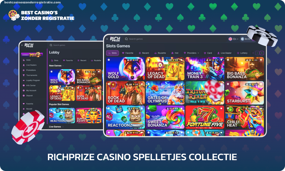 RichPrize Casino biedt meer dan 6.500 spellen, waaronder klassieke en jackpot-slots, crashspellen, kaartspellen en loterijen