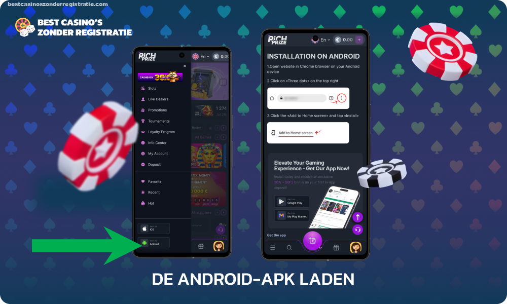 Om de RichPrize mobiele app op Android te downloaden, downloadt u het APK-bestand, opent u het na het downloaden en bevestigt u de installatie