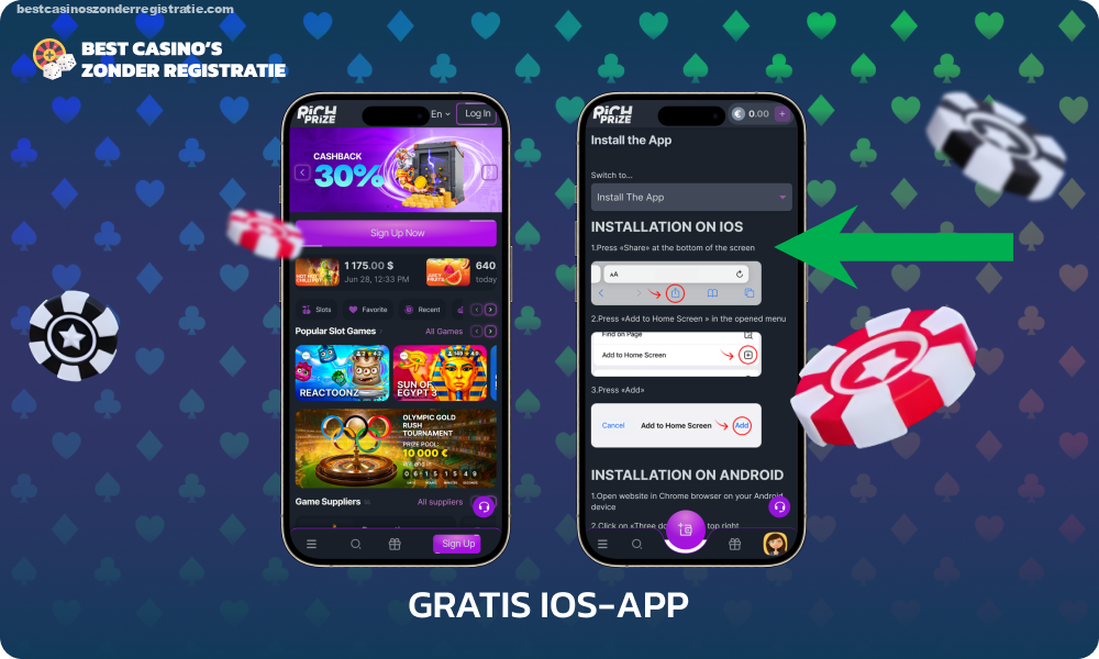 De RichPrize casino mobiele app voor iOS kan in een paar eenvoudige stappen worden gedownload