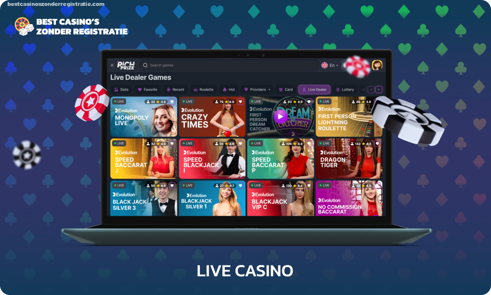 De Live Dealers-sectie van RichPrize Casino biedt meer dan 600 spellen, waaronder roulette-, kaart- en dobbelspellen