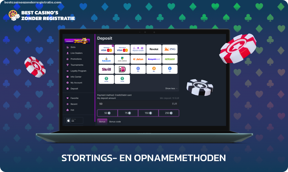 RichPrize Casino biedt spelers e-wallets, bankoverschrijvingen, vouchers, cryptocurrencies voor het storten en opnemen van geld zonder commissies, met een minimaal opnamebedrag van 30 euro en een limiet van 500 euro per week