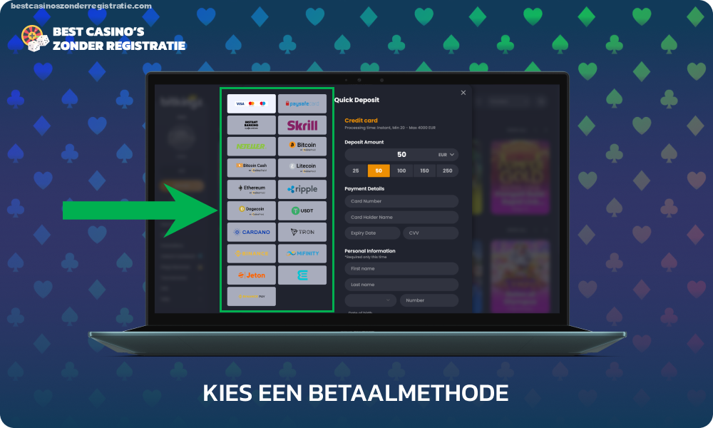 Om uw saldo bij iDEAL online casino op te waarderen logt u in op uw account, selecteert u in het onderdeel “Storten” de iDEAL-betaalmethode en vult u het bedrag in binnen de vastgestelde limieten