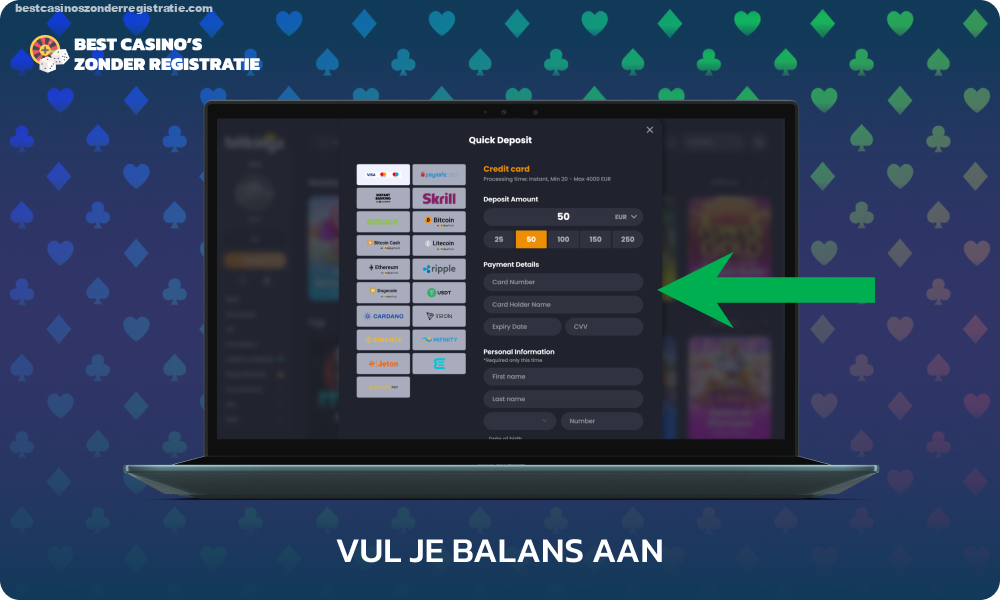 Om uw saldo bij iDEAL Online Casino op te waarderen, dient u uw bankgegevens op te geven en de transactie te bevestigen zodat het geld kan worden bijgeschreven