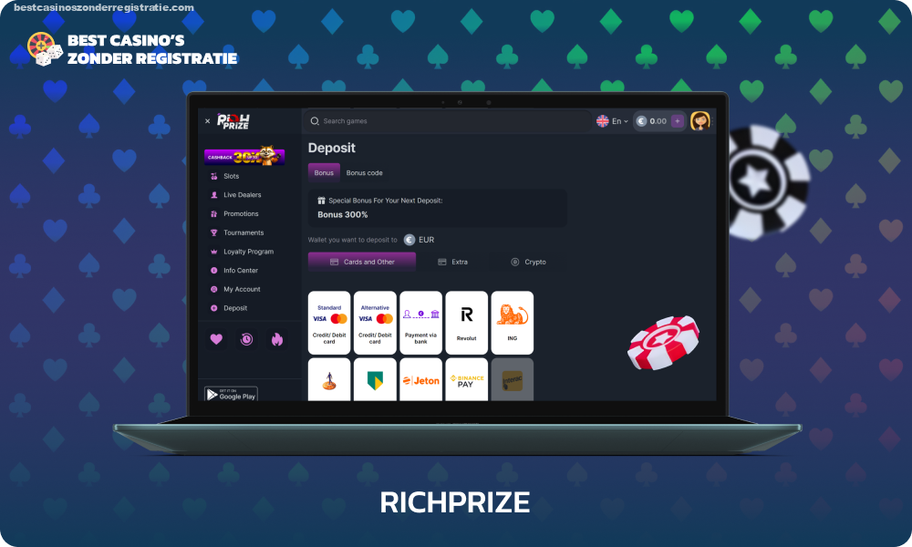 RichPrize Pay 'n Play casino biedt meer dan 6.000 slots en live games, bonussen op de eerste 5 stortingen tot 9.000 euro en 150 gratis spins, evenals tweemaal per week cashback tot 30% via de website of mobiele applicatie