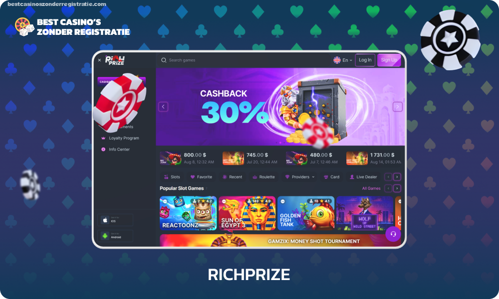 RichPrize Casino is populair onder spelers en biedt directe uitbetalingen, een brede selectie gokspellen en een aantrekkelijke welkomstbonus