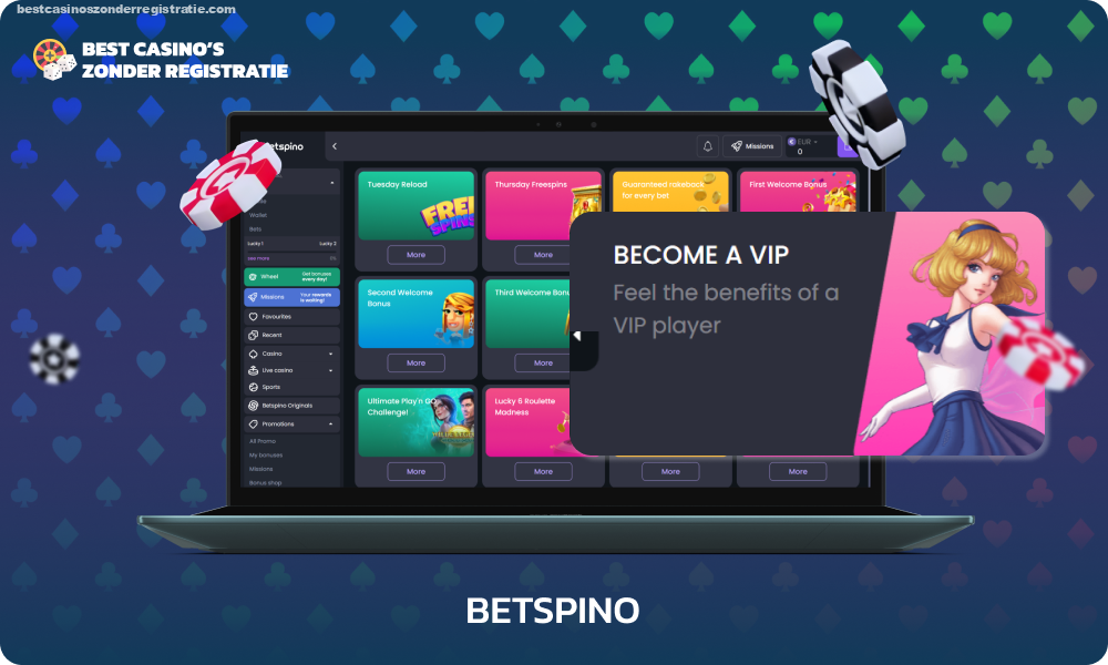 Betspino-casinospelers kunnen een gratis bonus zonder storting krijgen door munten in te wisselen voor het voltooien van missies