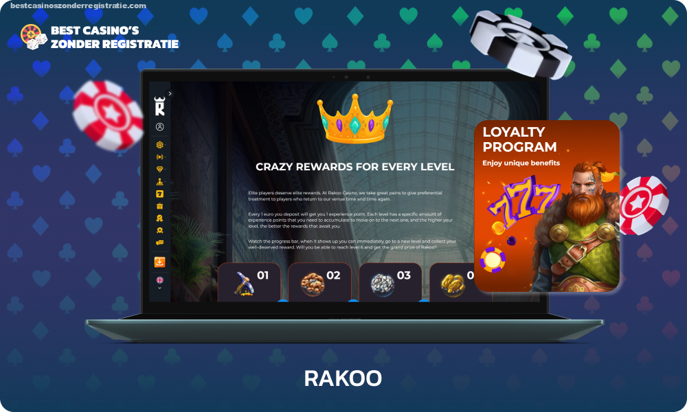 Rakoo online casino biedt spelers de mogelijkheid om deel te nemen aan het loyaliteitsprogramma en een mooie bonus zonder storting te ontvangen