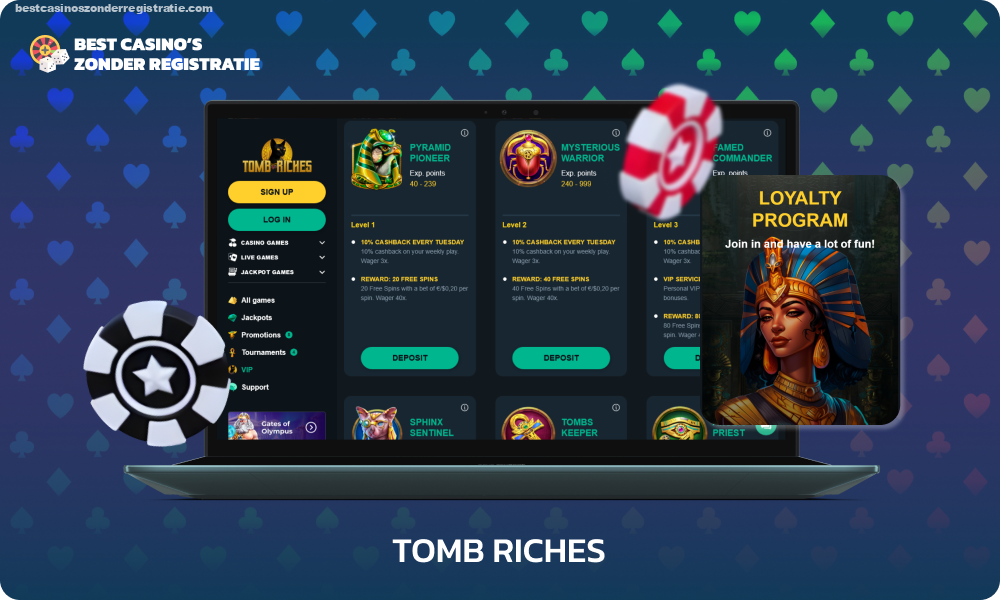 Tomb Riches Casino biedt spelers geen stortingsbonussen voor deelname aan het VIP-programma, zoals gratis spins, cashback en contante geschenken. Het niveau en het aantal geschenken zijn afhankelijk van de activiteit van de speler en de verzamelde punten.