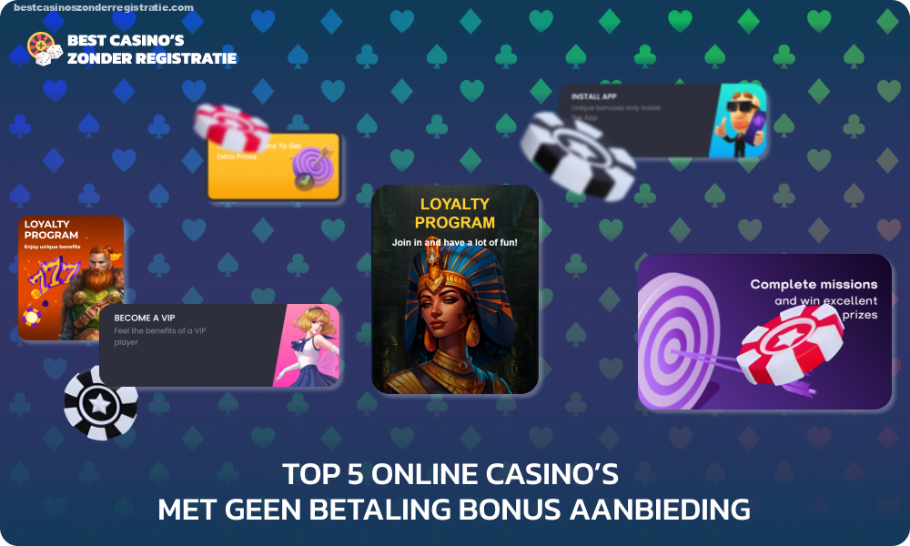 Top 5 beste online casino's om een ​​gratis bonus zonder storting te ontvangen met behulp van een promotiecode bij registratie of in uw persoonlijke account, of voor het installeren van een mobiele applicatie