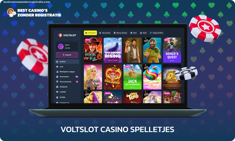 Het VoltSlot online casino bevat meer dan 5000 spellen, waaronder slots, crashspellen, Drops & Wins en andere beschikbare opties om voor echt geld te spelen in de demomodus