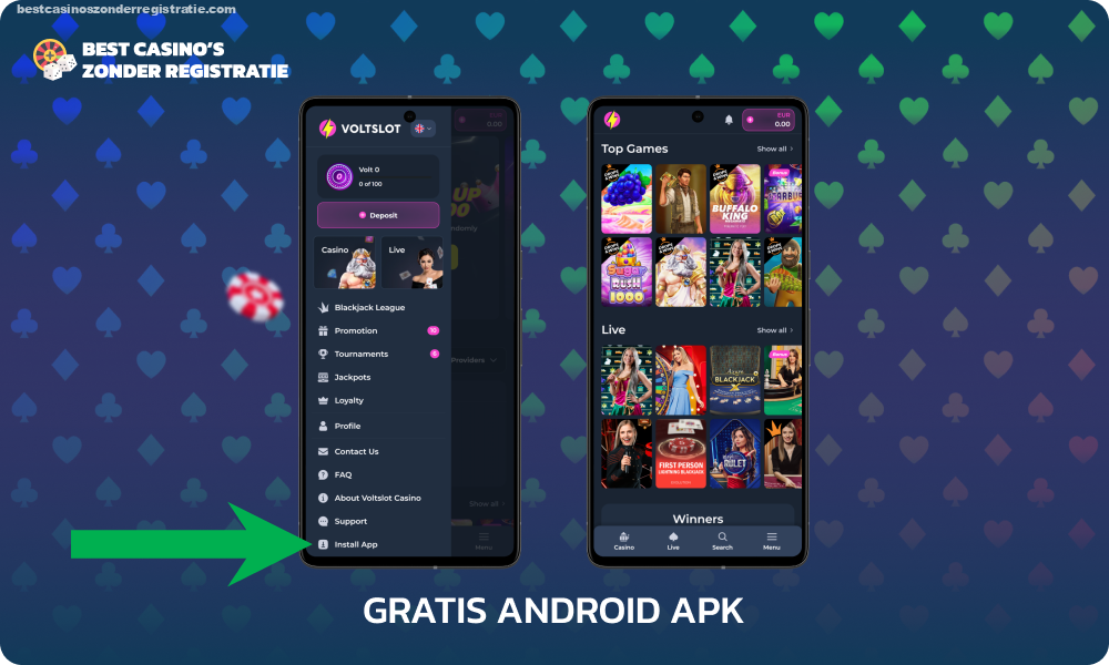 Om de VoltSlot mobiele applicatie op Android te downloaden, moeten spelers de officiële mobiele casinowebsite openen, het pictogram “Installeer applicatie” zoeken en erop klikken, het gedownloade bestand openen en de installatie bevestigen