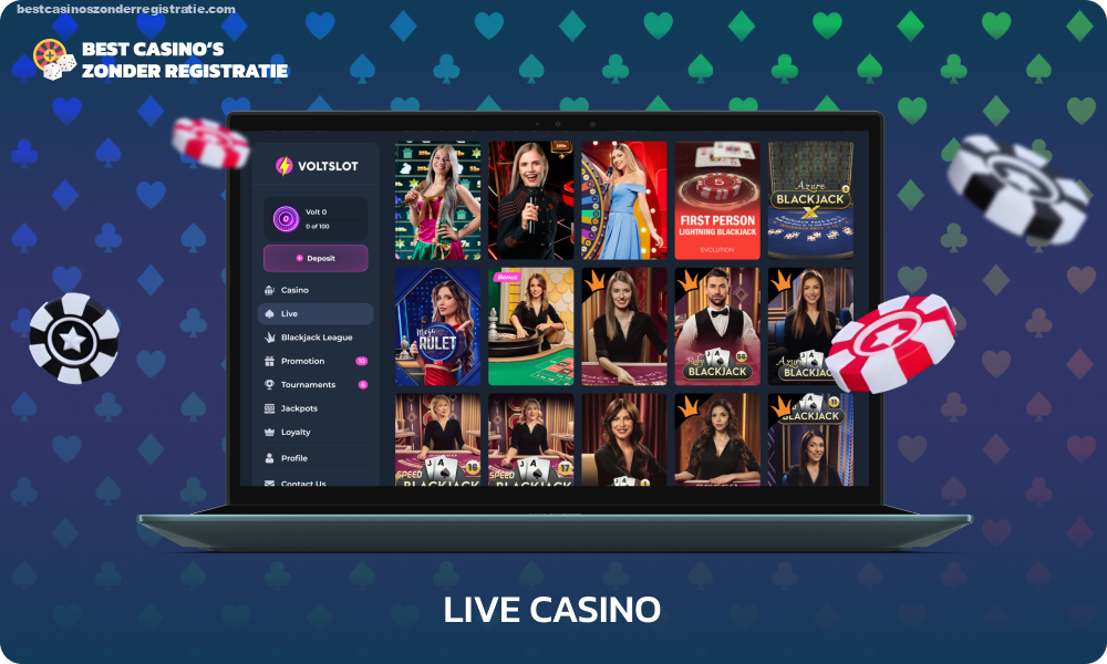 De live casino-sectie van VoltSlot biedt een ruime keuze aan interactieve spellen met hoogwaardige uitzendingen en spannende gameplay, waaronder online poker-, roulette-, blackjack-, baccarat- en live dealer-spelshows van populaire gokaanbieders