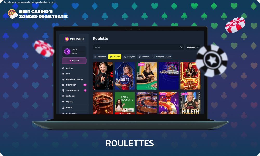 De roulettesectie van VoltSlot Casino biedt meer dan 150 online spellen, waaronder een verscheidenheid aan varianten zoals Europees, Amerikaans en Frans roulette, evenals unieke live dealer-versies